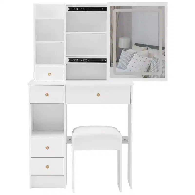 Okak Vanity Tables and Stool Set with 29.2 Small Left-Drawer,Dressing Table with Oversized Touch-Sensitive Sliding LED Mirror,White