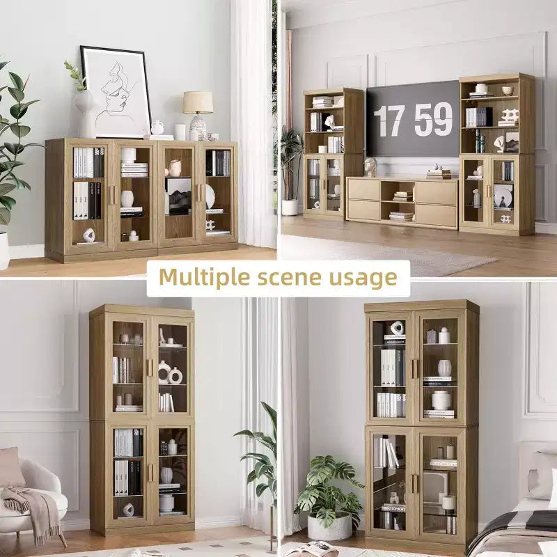 Meuble d'appoint en bois, organisateur de rangement avec étagères réglables et portes vitrées