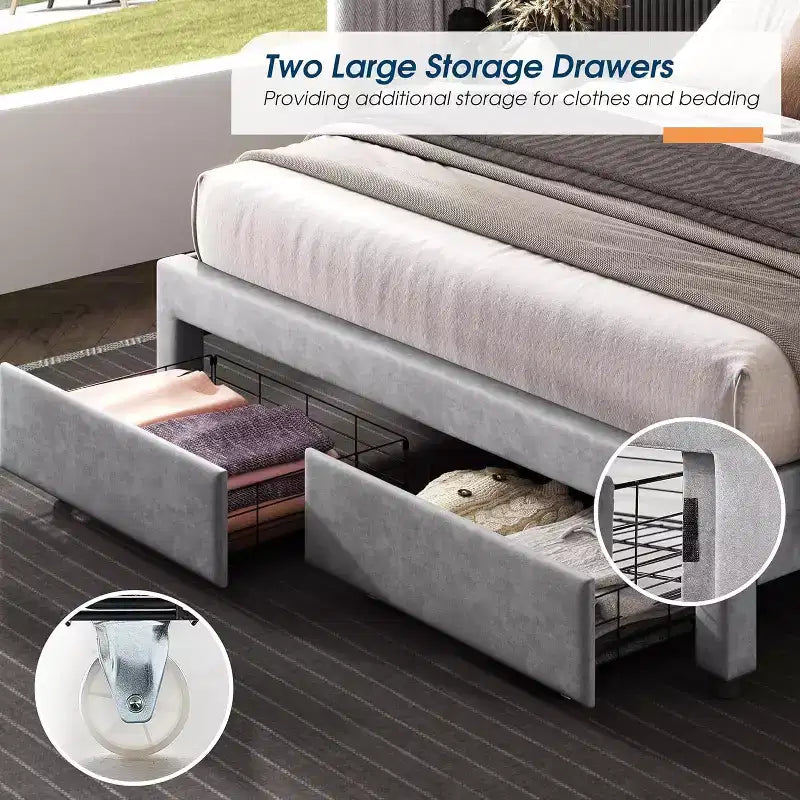Cadre de lit avec tiroirs de rangement, lit plateforme rembourré en velours