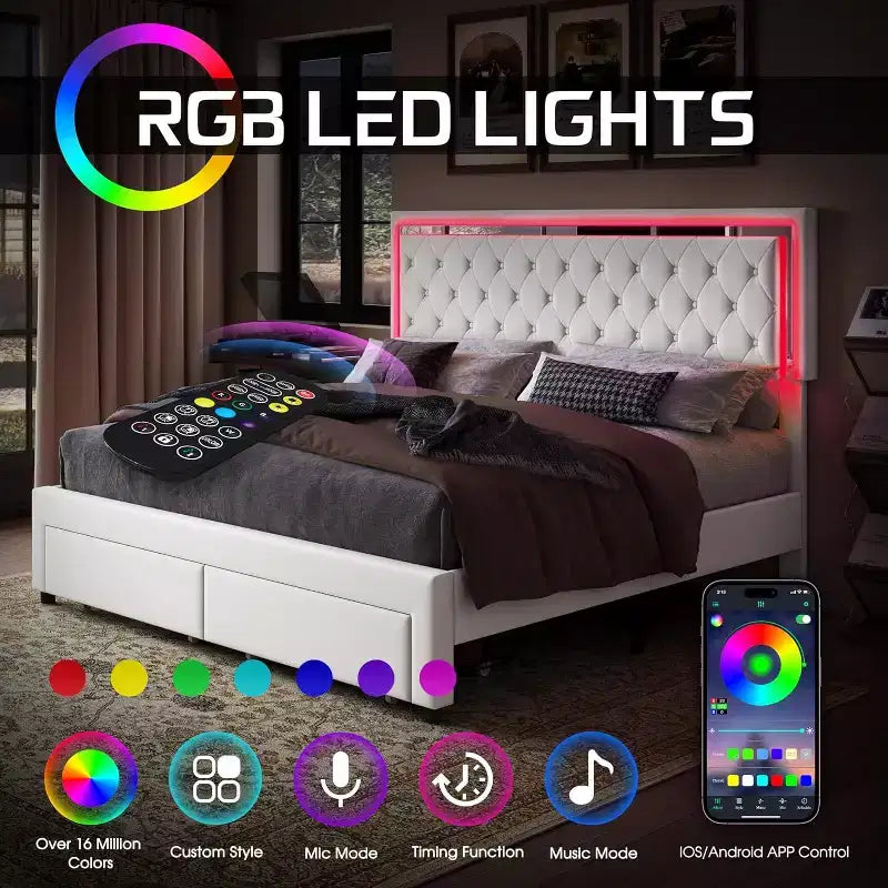 Cadre de lit avec tiroirs de rangement, lit plateforme rembourré en velours