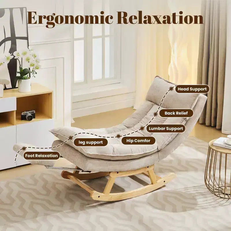 Fauteuil à bascule rembourré en bois massif avec repose-pieds escamotable caché