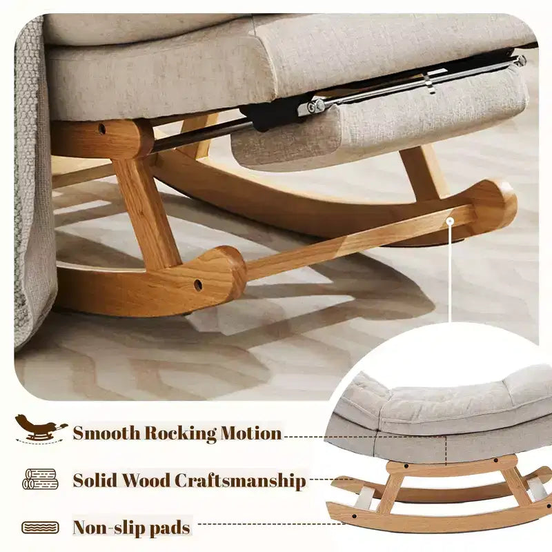 Fauteuil à bascule rembourré en bois massif avec repose-pieds escamotable caché