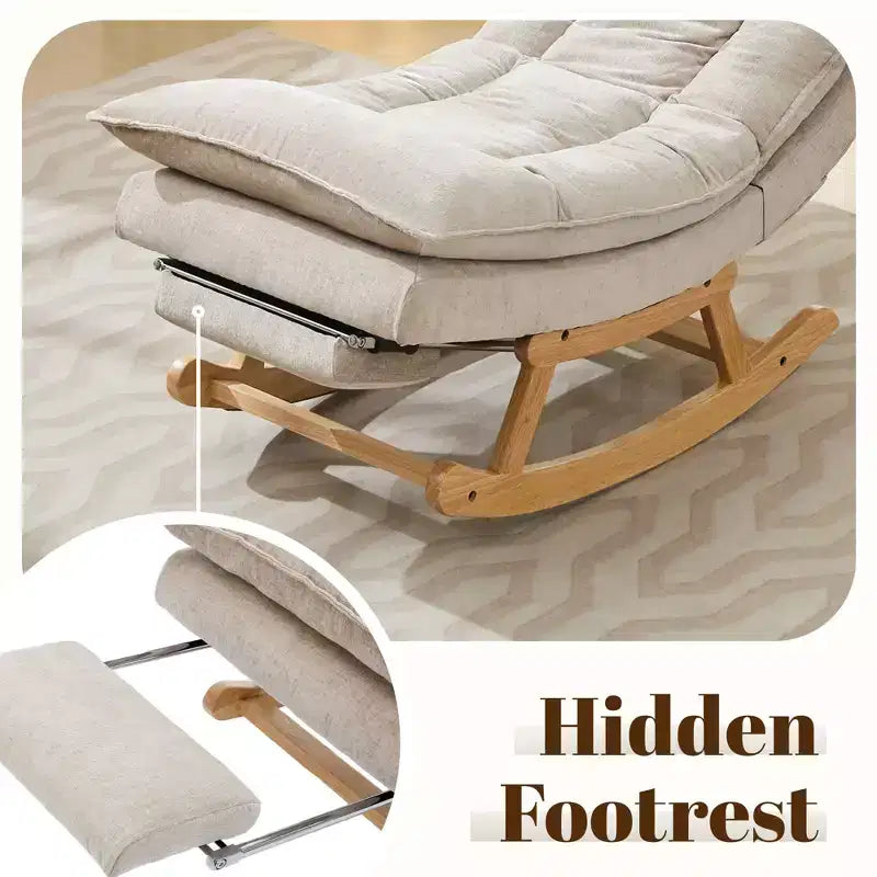 Fauteuil à bascule rembourré en bois massif avec repose-pieds escamotable caché