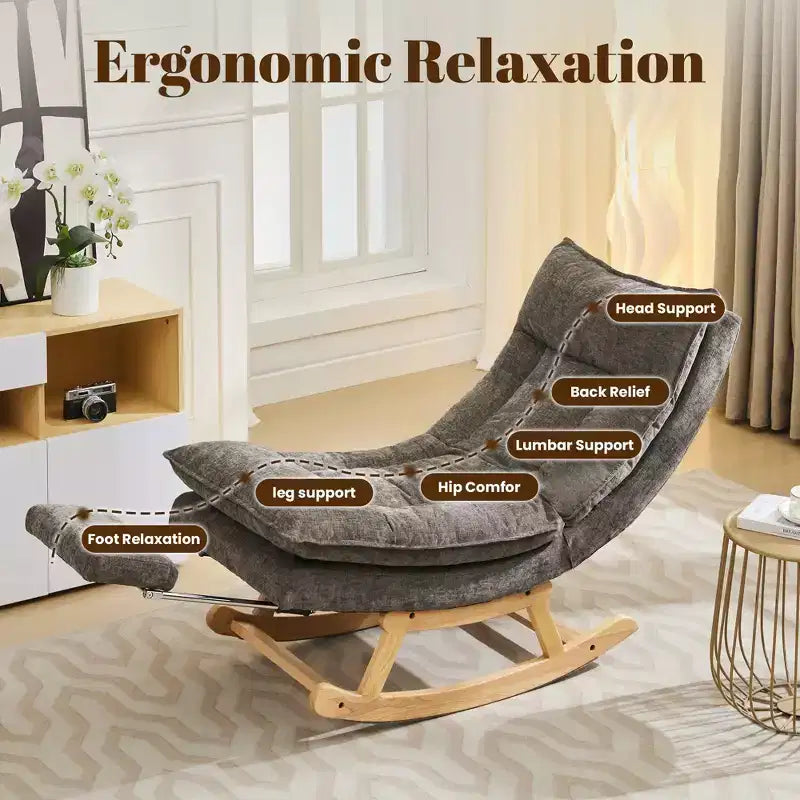 Fauteuil à bascule rembourré en bois massif avec repose-pieds escamotable caché