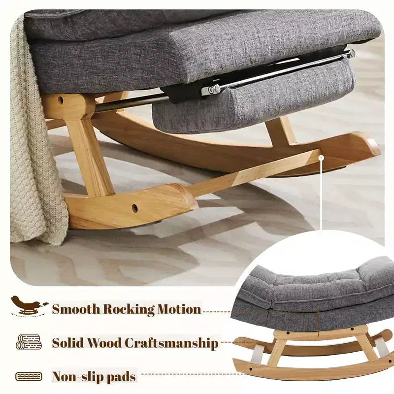 Fauteuil à bascule rembourré en bois massif avec repose-pieds escamotable caché