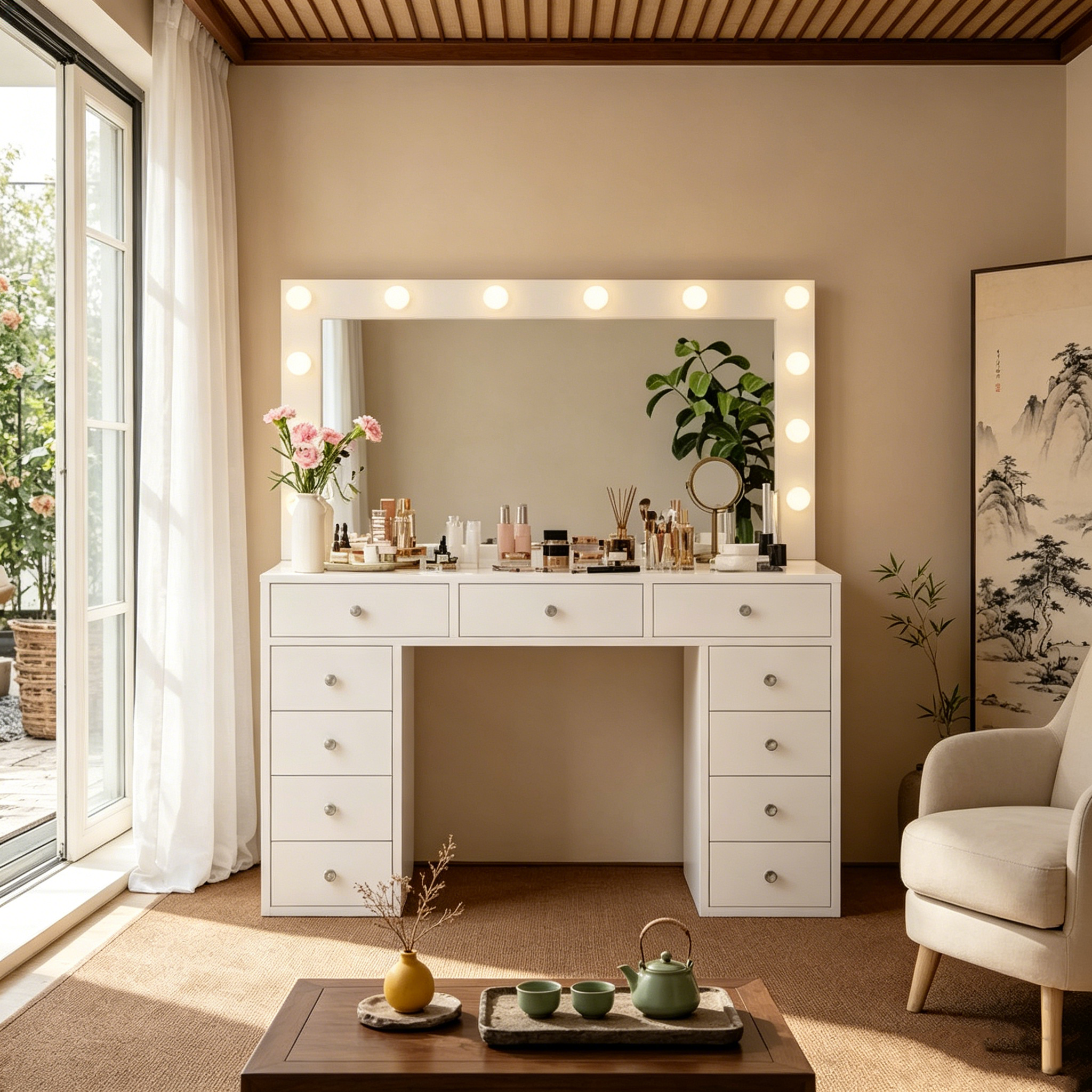 Coiffeuse de style rustique avec miroir éclairé à plateau en verre