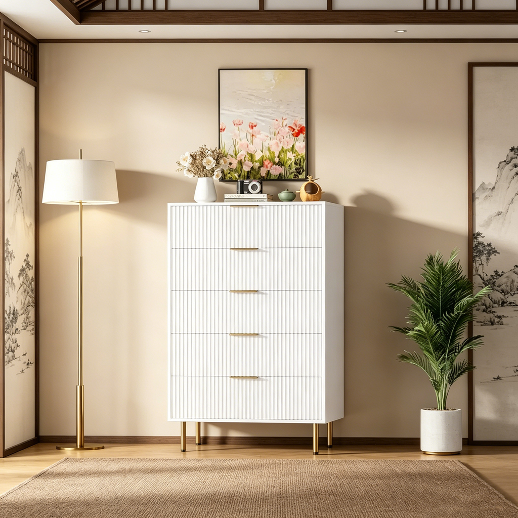 Commode en bois cannelé 5 tiroirs commode haute moderne blanche